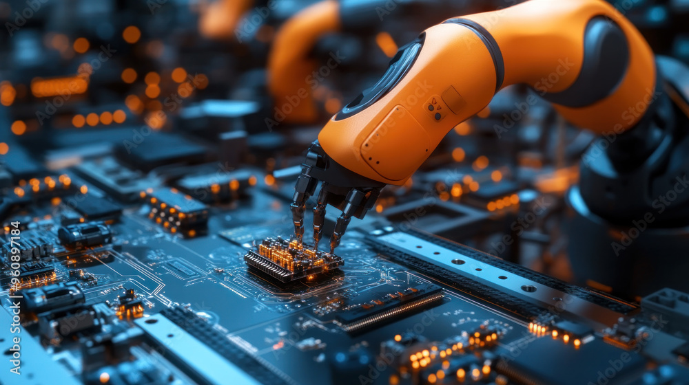 Poster a robot is working on a circuit board. the robot is orange and has a mechanical look. the circuit bo