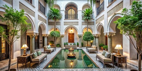 Fototapeta premium Elegant Riad Chic minimalist courtyard, adorned with modern sculptures, sleek lines, and lush greenery, radiating contemporary Moroccan luxury.