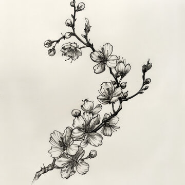 flower, cherry, Japan, floral, vector, nature, illustration, pattern, plant, drawing, leaf, art, vintage, decoration, sketch, branch, design, flowers, blossom, summer, spring, black, rose, garden, bea