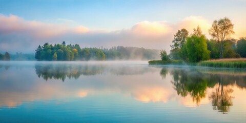 Obraz premium misty grey morning fog creeps over serene lake water calm reflective surface blending with soft pastel colour background evoking peaceful melancholy