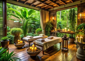 Fototapeta premium whispering pampering retreat lush greenery natural textures earthy tones calming atmosphere rejuvenation
