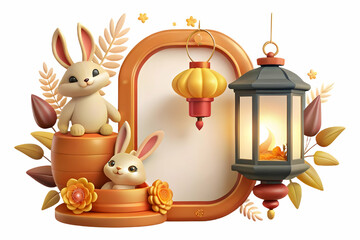 Flat Lantern and Rabbit Border Frame with Copy Space Concept for Mid Autumn Fest - Business Style Vector Illustration with Balanced Design and Ample Copy Space, Including Happy Mid Autumn Wording