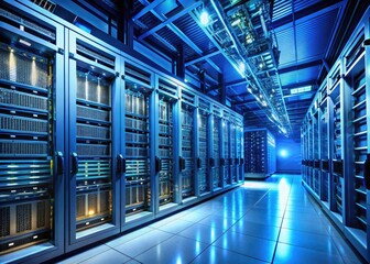 Low-angle shot of a data center with rows of humming servers, cables, and switches, bathed in cool blue tones, exuding a sense of precision and control.