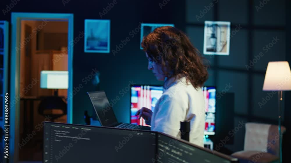 Poster developer doing software debugging using laptop, checking glitches in lines of code, upset about err