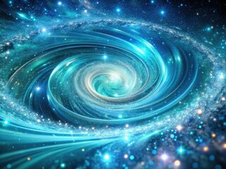 Obraz premium mesmerizing glitter vortex swirls with fluid swoosh lines in iridescent aqua blue tone on a cosmic background with starry night sky effect in a surreal mood
