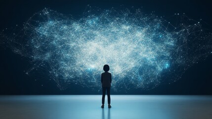 A Person Illuminated by Holographic Screens in a Dark Room of Future Workspaces