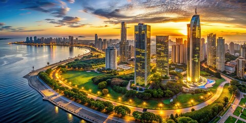 Stunning Aerial Views of Coastal Cities at Dawn with Golden Light Illuminating Glass Towers and Manicured Park Spaces