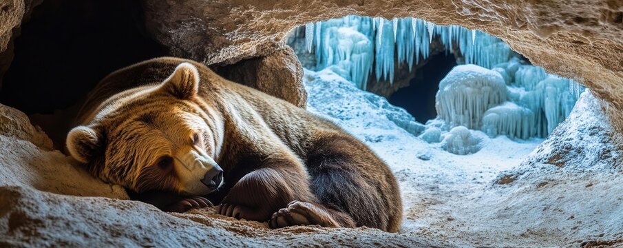 Hibernating grizzly bear nestled in a cozy cave with icy stalagmites in the background, reflecting the harsh but serene winter environment