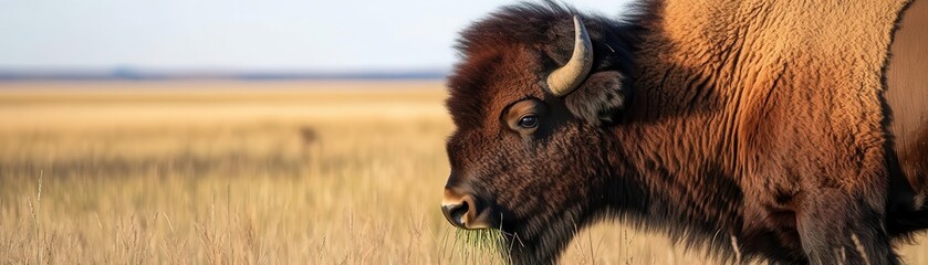 Obraz premium Close-up of a bison munching on tall prairie grass, with the expansive plains stretching out behind, emphasizing the vastness of its habitat