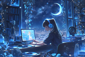 Girl listening to music on vinyl records with fairy lights and starry night sky outside the window. Anime style, Cozy vibes