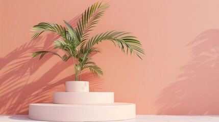 Ladder-shaped podium for displaying and promoting products, mockup for showcasing with peach background. Design concept template.