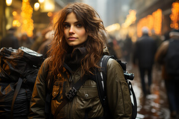 Fototapeta premium A photographer with raven hair capturing the beauty of a bustling city street. Concept of urban exploration and art. Generative Ai.