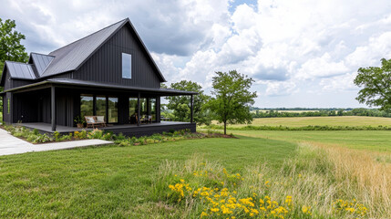 Obraz premium Modern black house in a scenic rural landscape with green fields and dramatic sky