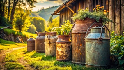 Obraz premium rustic countryside antique airplane fuel cans vintage props nostalgic rural heritage warm sunny day carefree adventure