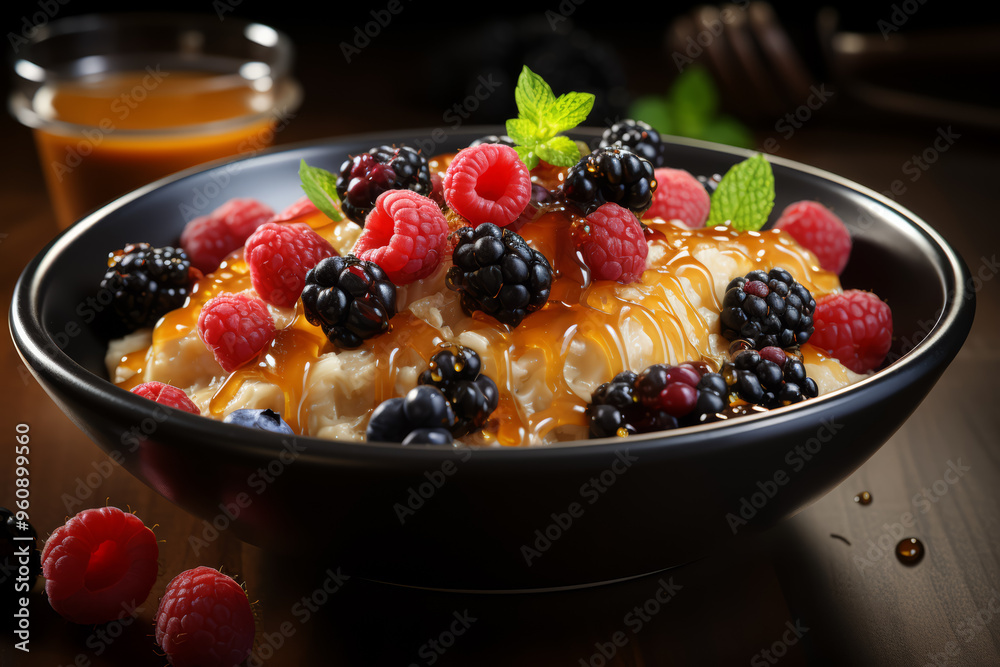 Sticker a bowl of oatmeal topped with fresh berries and a drizzle of honey, appealing to young appetites. co