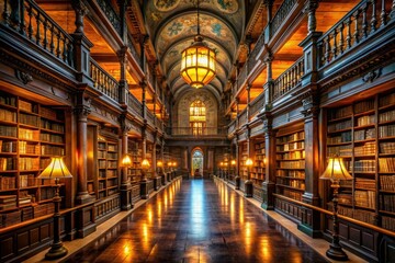 Fototapeta premium library vortex mesmerizing labyrinthine shelves glowing lanterns soft warm golden light ancient tomes mysterious atmosphere curiosity discovery
