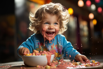 A toddler with a bowl of colorful cereal, milk splashing as they dig in with a spoon. Concept of playful breakfast and enjoyment. Generative Ai.