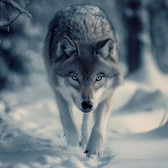 Fototapeta premium Wolf in the Snow: Gray Wolf with Piercing Eyes Walking in a Snow-Covered Field with Snowy Pine Trees