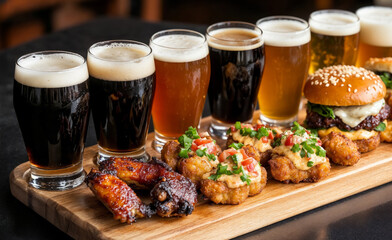Enjoying a delightful beer tasting with a variety of snacks and appetizers in a cozy setting