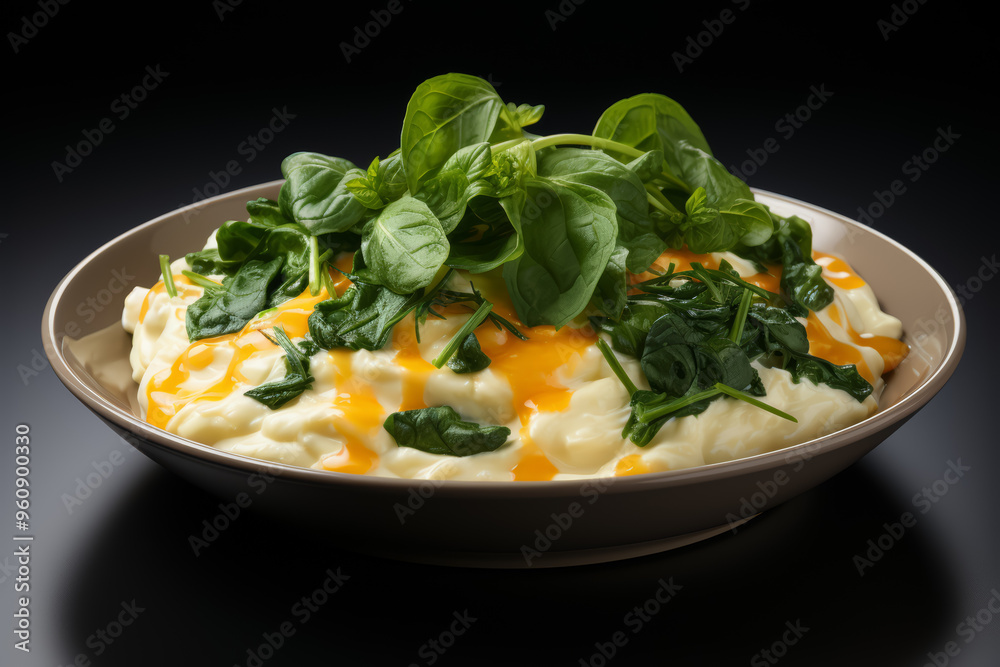 Sticker a cheerful breakfast of scrambled eggs with spinach and cheese, appealing to young palates. concept 