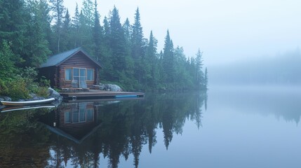 Fototapeta premium Misty Morning Cabin by the Lake with Reflection