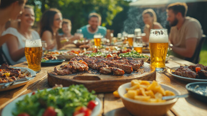 Obraz premium Friends enjoying grilled meat and cold beer at a cozy garden barbecue gathering on a warm sunny day