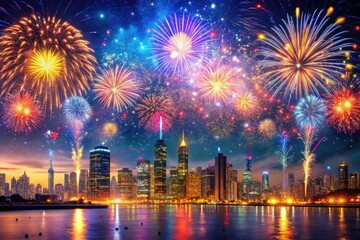 Fototapeta premium Vibrant Confetti Celebration Scene with 3D Glittering Fireworks, Merry Friends, and Sparkling City Skyline at Midnight, Glowing with Warm Colors of Joy and Hope.