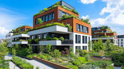 Obraz premium Modern eco friendly building with greenery and gardens on rooftops in a bright sunny day