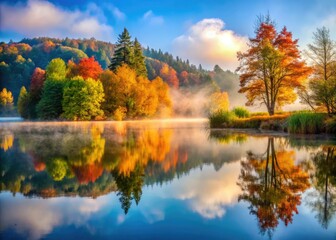 Obraz premium serene misty lake foggy tranquil reflections still water calm morning peaceful silence lush greenery vibrant fall colors nature retreat