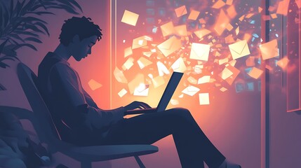 Man Working on Laptop with Digital Mail Flying Around