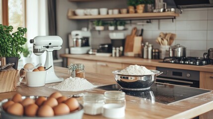 Kitchen Countertop with Flour  Eggs  and Stand Mixer