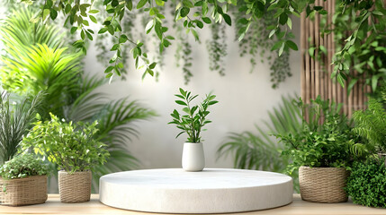 White Round Pedestal with Plants and Green Greenery Background