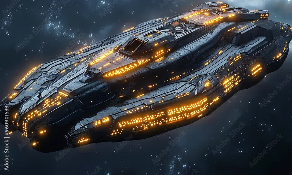 Wall mural futuristic spaceship flying through deep space with ai generated.