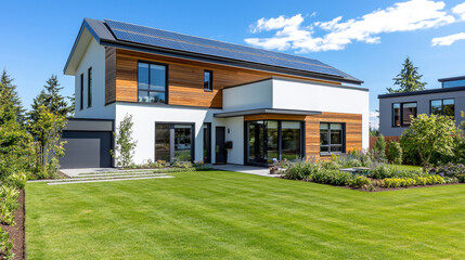 Modern eco friendly house with solar panels and landscaped garden under a blue sky