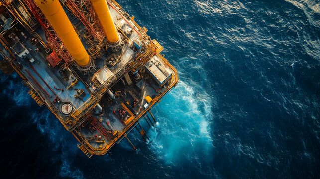 A massive offshore oil rig with workers in safety gear, surrounded by the deep blue ocean