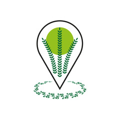Location pin symbol. Green leaf design. Nature concept icon. Vector illustration.