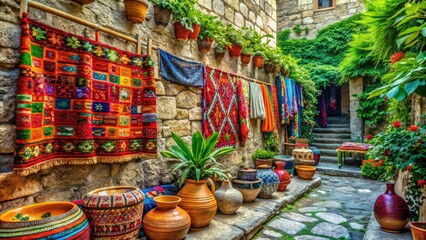 Fototapeta premium vibrant colors of traditional textiles and ceramics set against worn stone walls amidst lush greenery natural ambiance of Vibrant Cultural Heritage renewal