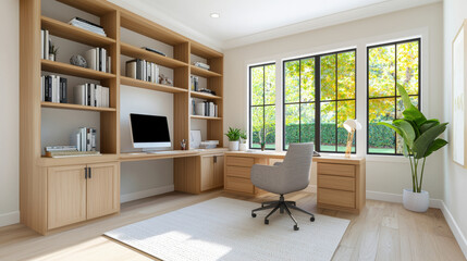 Fototapeta premium Modern home office interior with wooden furniture, computer, and large windows letting in natural light
