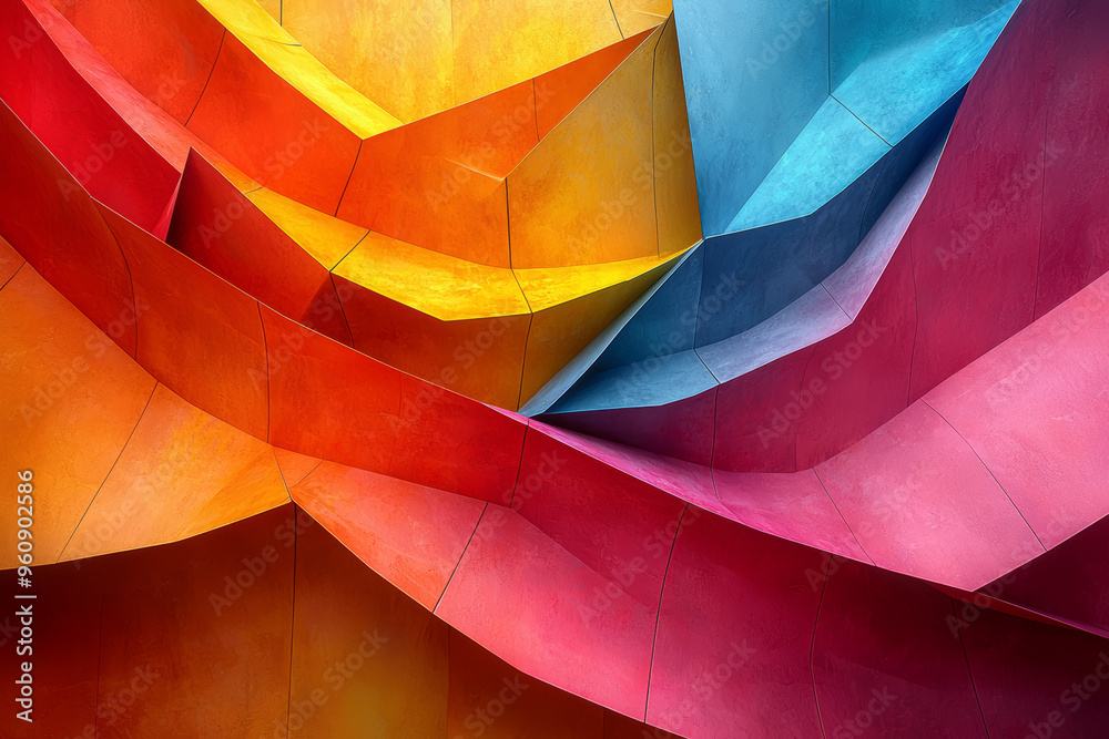 Poster a vibrant abstract sculpture with intersecting planes of different colors creating a striking visual