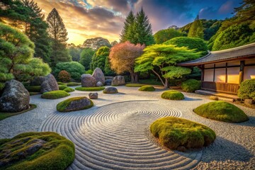 Obraz premium peaceful zen garden serene atmosphere soft morning light soothing gentle movements muted earth tones harmonious balance natural simplicity