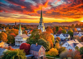Fototapeta premium vibrant colorful sunset skies above quintessential new england townscape with church steeples and fall foliage in kent