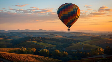 Fototapeta premium Hot Air Balloon Flying Over Rolling Hills at Sunset - Landscape Photography
