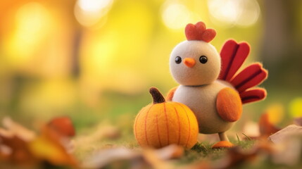 Cute turkey with a pumpkin in autumn scene. Thanksgiving scene with felt toy turkey character.