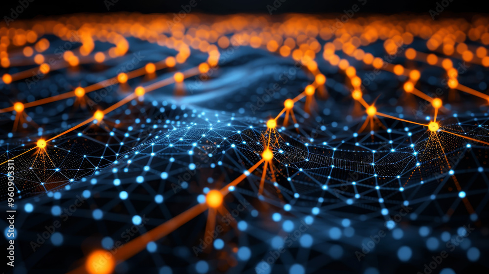 Poster an intricate network of glowing blue lines and orange nodes weaves across a dark surface, creating a