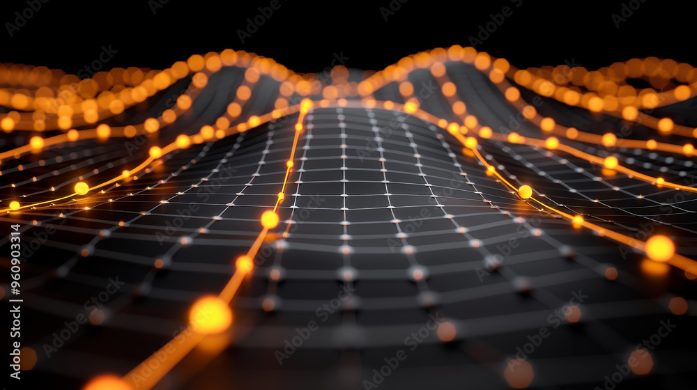 Poster a luminous landscape featuring a grid pattern with orange glowing nodes creating a wave-like effect 