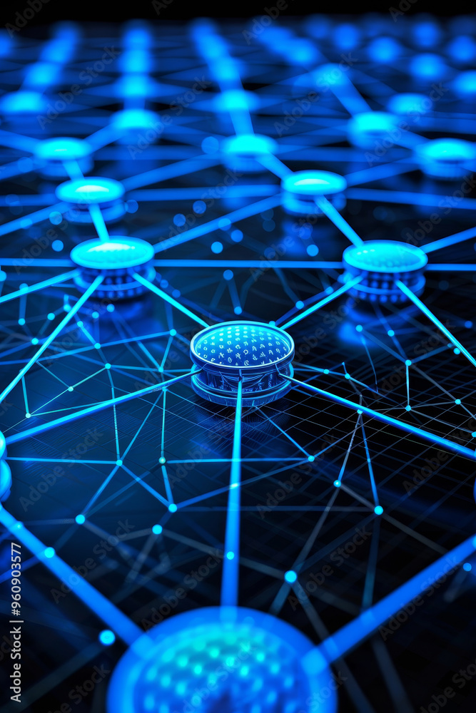 Poster a visual representation of an intricate digital network illuminated in blue, showcasing nodes and co