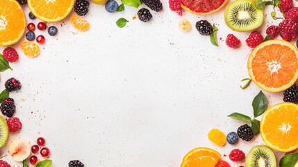 Fresh Fruit and Berries Border on White Background
