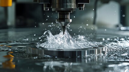 A close-up of a precision machining process, showcasing a cutting tool in action producing sparks and splashes in a wet environment.
