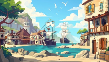 Coastal town. Seaside village. Harbor view. Quaint coastal town with historic buildings. Medieval cityscape overlooking the sea. Cartoon 2d games illustration background..