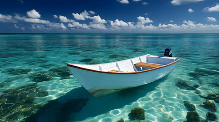 Naklejka premium White Boat in Crystal Clear Tropical Water